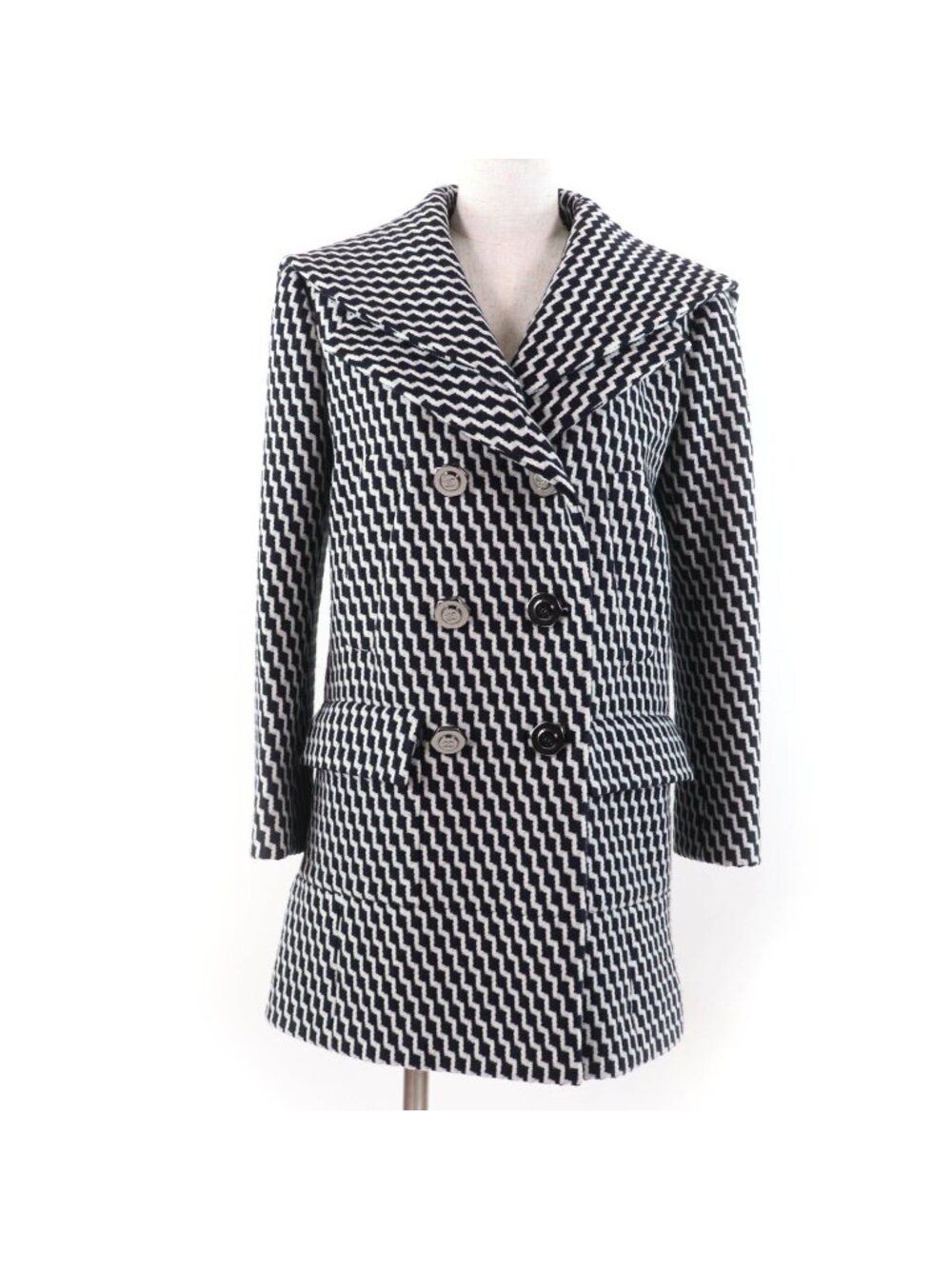 Chanel Wool Hex Coco Buttons Zigzag Coat Black White 36